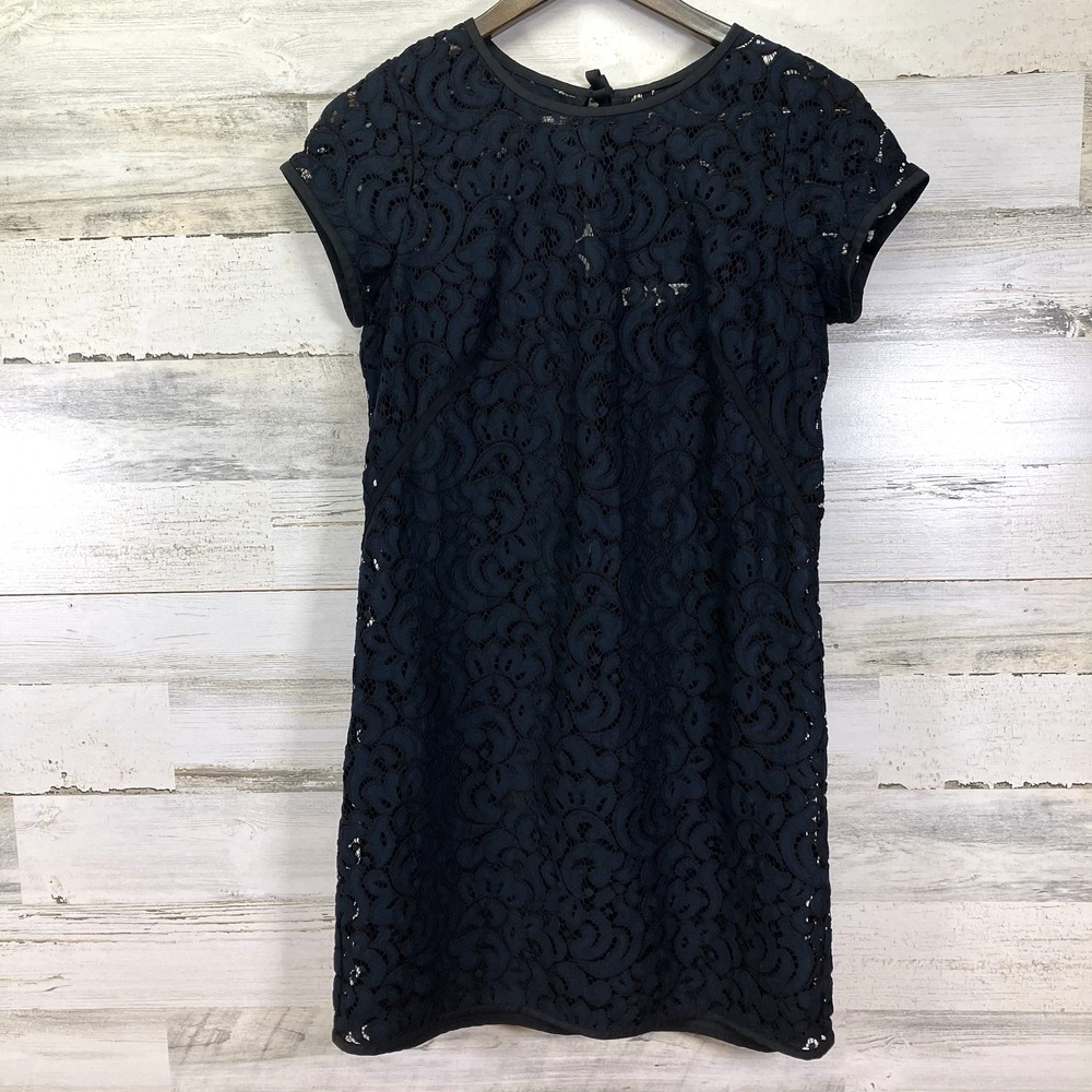 Ann Taylor LOFT Womens Navy Blue/Black‎ Crochet Lace Lined Sheath Mini Dress 8P